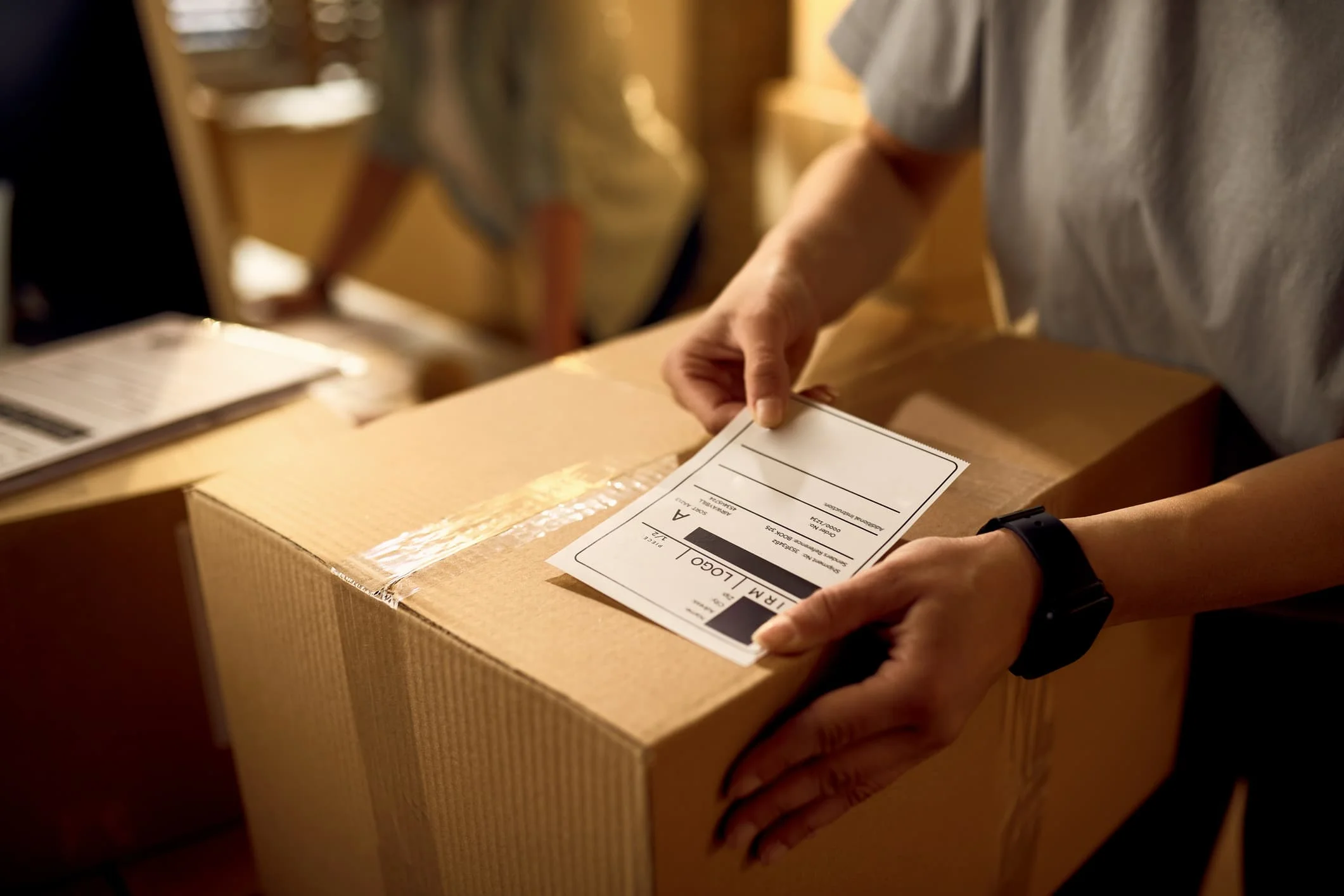 Hands applying a compliance label to a sealed carton