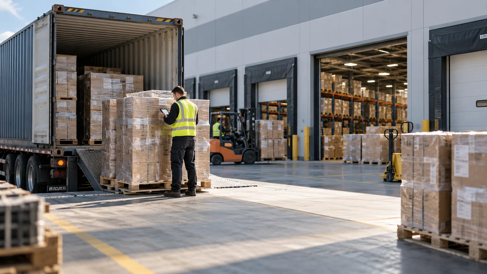 A warehouse operative in a hi-vis vest checking shrink-wrapped pallets being loaded from a container trailer at a loading dock