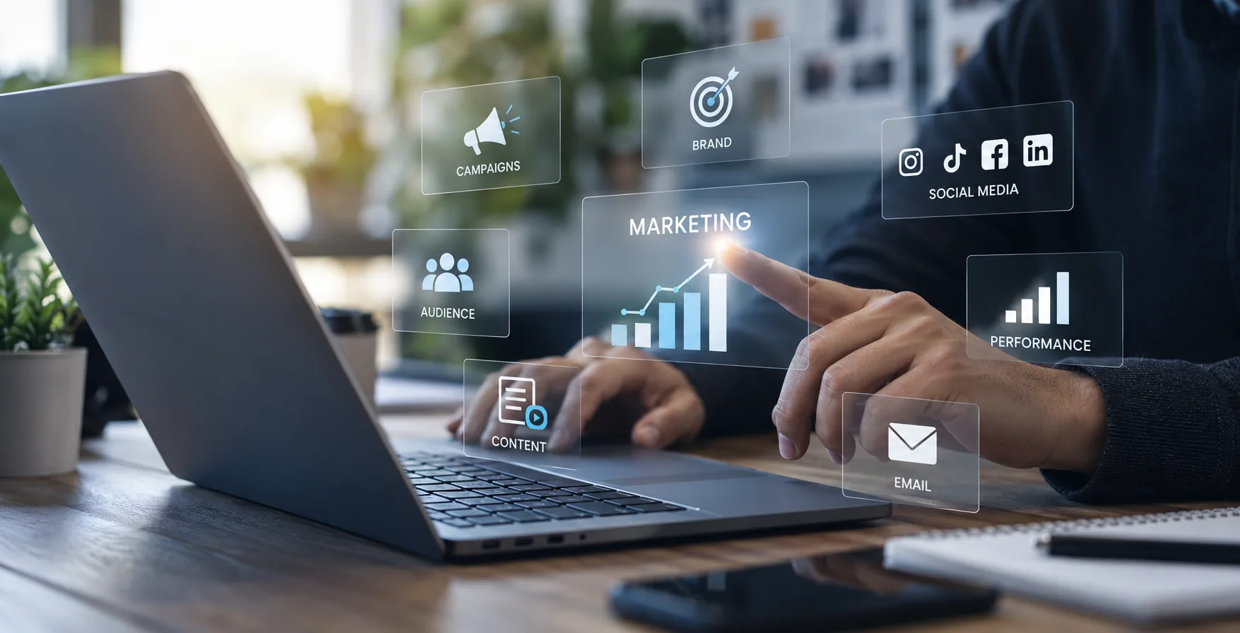 A person at a laptop with floating panels for campaigns, brand, audience, content, social media, email and performance